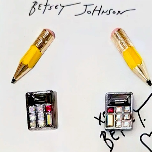 New Betsey Johnson  Pencil & Calculator Stud Earring Set Crystal - Picture 9 of 10